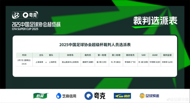  超級杯海港vs申花裁判員名單：主裁判唐順齊，VAR劉威