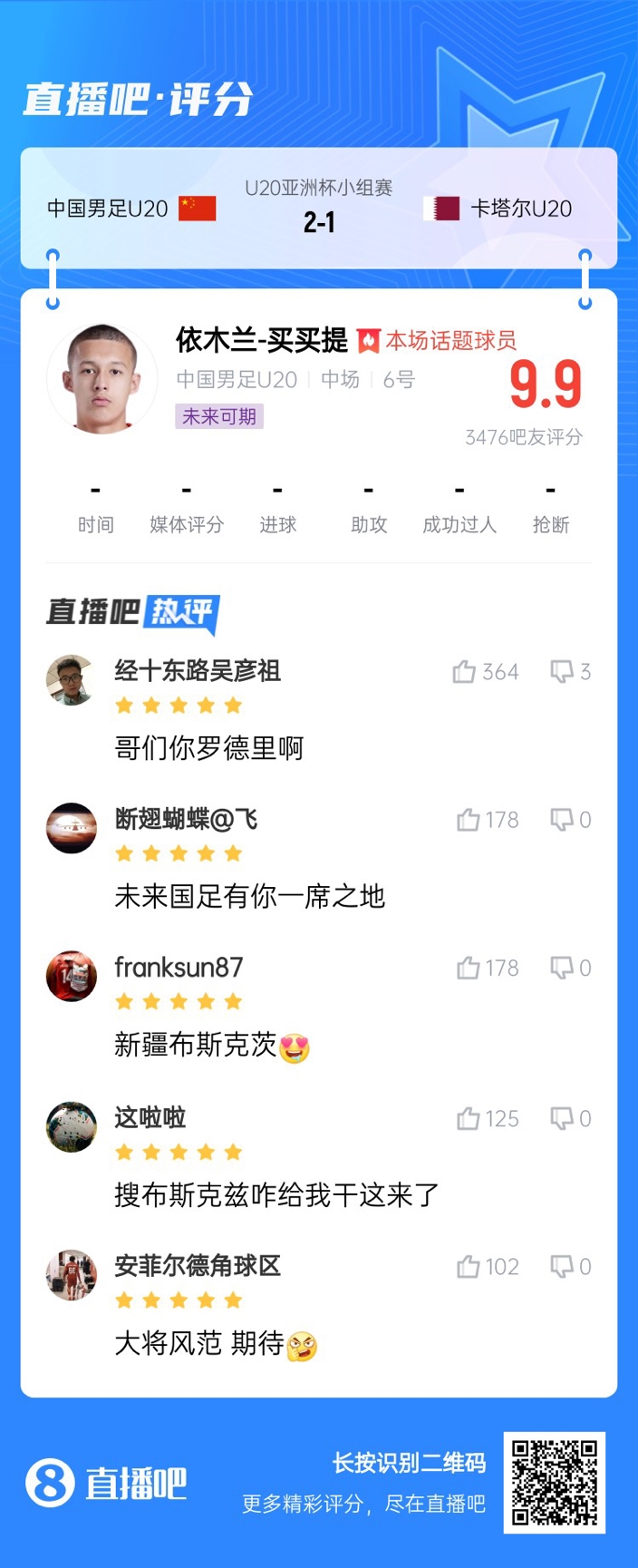  依木蘭+陳澤仕泰山中場(chǎng)連線！19歲依木蘭獲封：新疆布斯克茨！