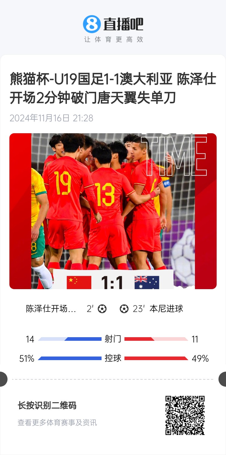  二番戰(zhàn)！U20國(guó)青與澳大利亞去年熊貓杯剛有過(guò)交手，雙方1-1戰(zhàn)平