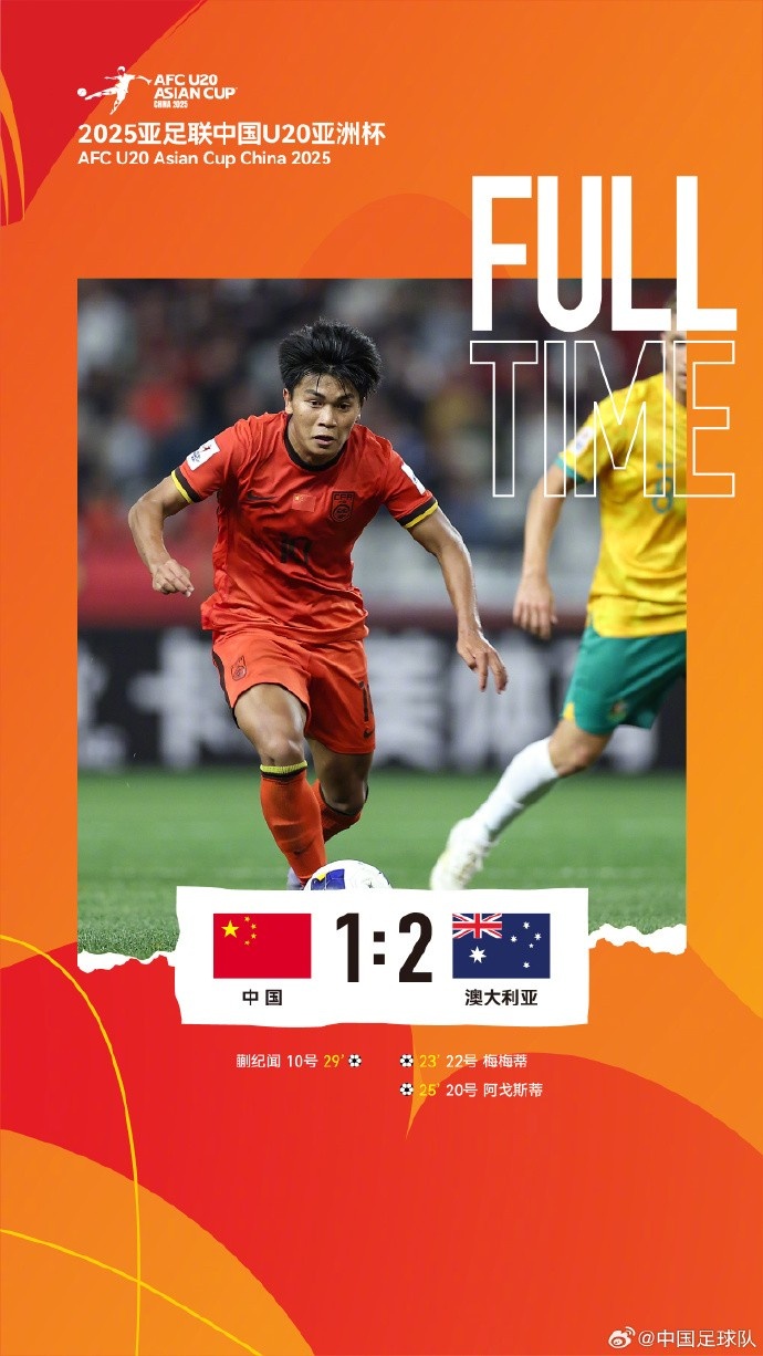  U20亞洲杯小組賽A組第三輪，中國隊1比2負(fù)于澳大利亞隊