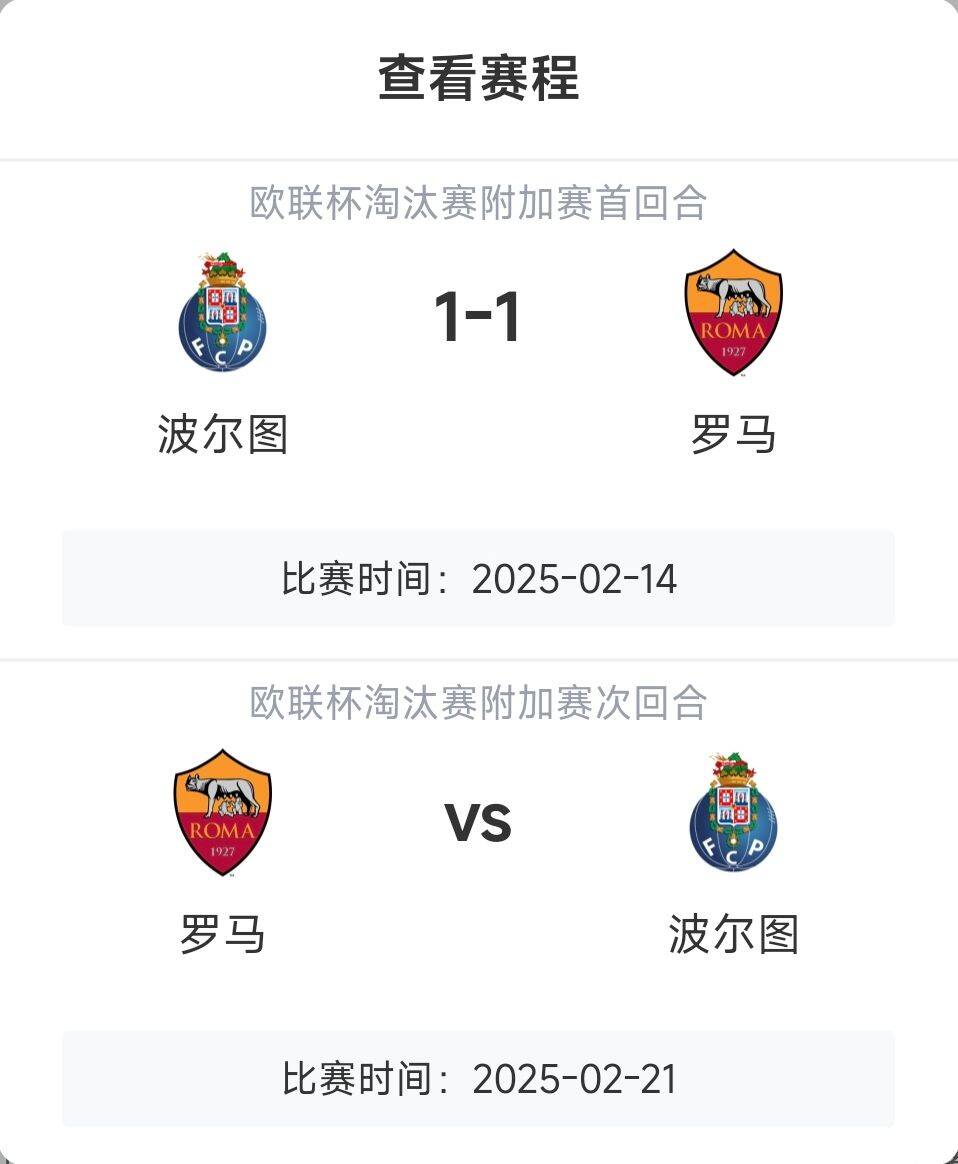  羅馬頂?shù)米幔恳饧讱W戰(zhàn)8隊3隊直通4隊出局，羅馬首回合1-1波爾圖