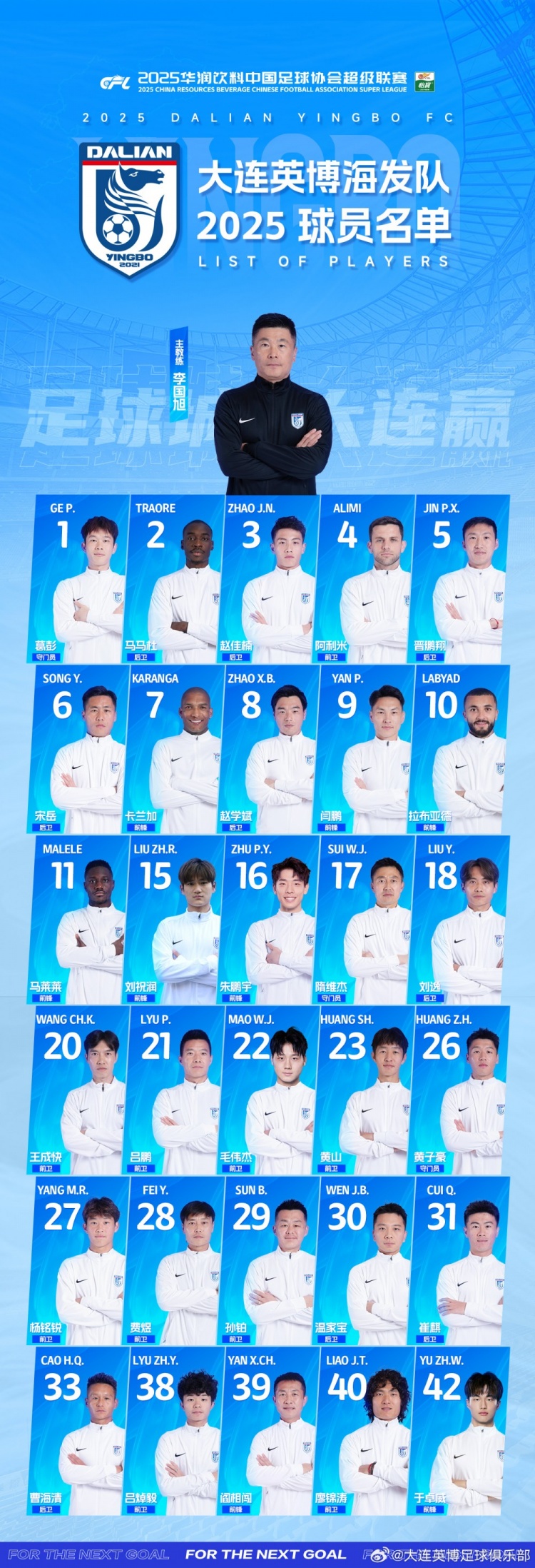  大連英博一線隊(duì)名單：10號(hào)拉布亞德領(lǐng)銜五外援，共30名球員入選