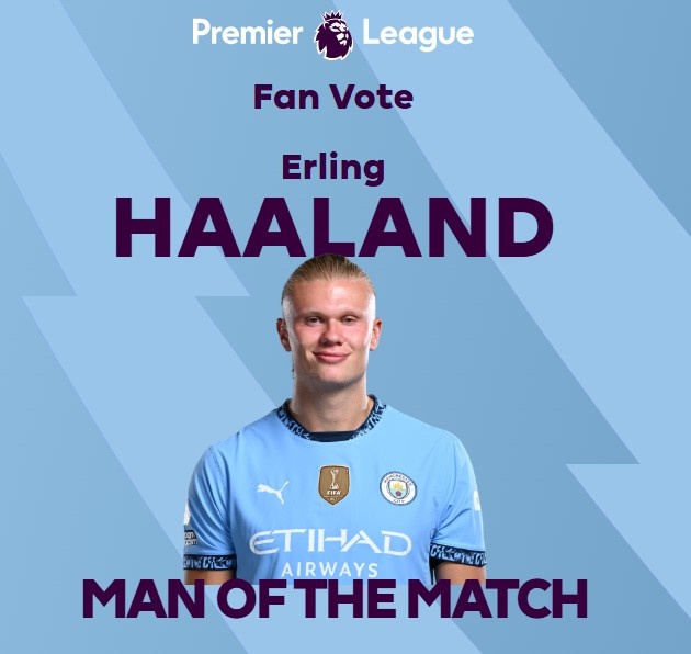  打進致勝球！英超官方：哈蘭德當選曼城1-0熱刺全場最佳球員